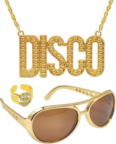 مجموعة إكسسوارات ملابس ديسكو 60s 70s من 3 قطع، قلادة سلسلة ديسكو، نظارات شمسية ذهبية، حلقة علامة الدولار، زي مجوهرات ديسكو 70s للرجال والنساء، فستان الهالوين وحفلات أعياد الميلاد in Kuwait