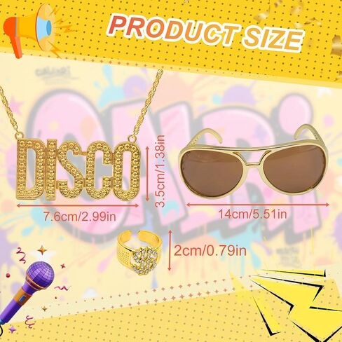 مجموعة إكسسوارات ملابس ديسكو 60s 70s من 3 قطع، قلادة سلسلة ديسكو، نظارات شمسية ذهبية، حلقة علامة الدولار، زي مجوهرات ديسكو 70s للرجال والنساء، فستان الهالوين وحفلات أعياد الميلاد in Kuwait