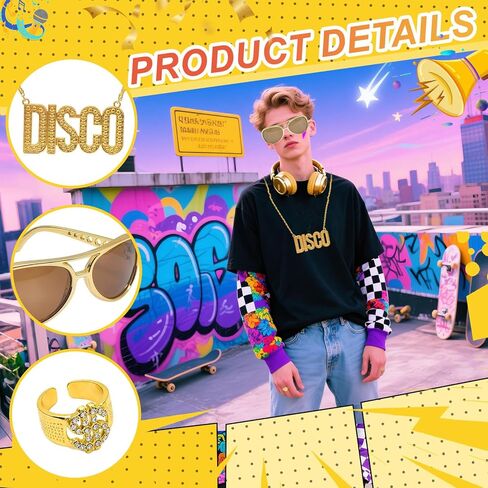 مجموعة إكسسوارات ملابس ديسكو 60s 70s من 3 قطع، قلادة سلسلة ديسكو، نظارات شمسية ذهبية، حلقة علامة الدولار، زي مجوهرات ديسكو 70s للرجال والنساء، فستان الهالوين وحفلات أعياد الميلاد in Kuwait