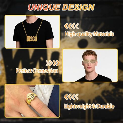 مجموعة إكسسوارات ملابس ديسكو 60s 70s من 3 قطع، قلادة سلسلة ديسكو، نظارات شمسية ذهبية، حلقة علامة الدولار، زي مجوهرات ديسكو 70s للرجال والنساء، فستان الهالوين وحفلات أعياد الميلاد in Kuwait
