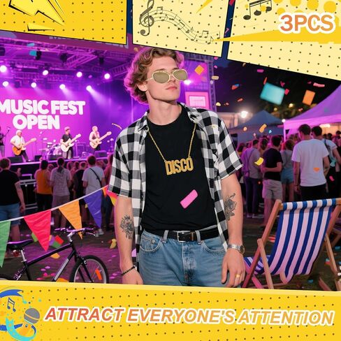 مجموعة إكسسوارات ملابس ديسكو 60s 70s من 3 قطع، قلادة سلسلة ديسكو، نظارات شمسية ذهبية، حلقة علامة الدولار، زي مجوهرات ديسكو 70s للرجال والنساء، فستان الهالوين وحفلات أعياد الميلاد in Kuwait