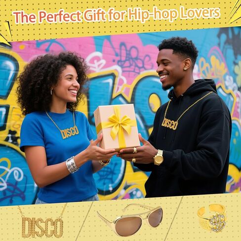 مجموعة إكسسوارات ملابس ديسكو 60s 70s من 3 قطع، قلادة سلسلة ديسكو، نظارات شمسية ذهبية، حلقة علامة الدولار، زي مجوهرات ديسكو 70s للرجال والنساء، فستان الهالوين وحفلات أعياد الميلاد in Kuwait