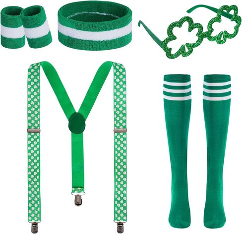 St Patrick's Day Costume Outfit 7 Pcs Green Sweatbands Striped Socks Set Include Lucky Green Suspender Glasses Sports Headband Sweatbands High Tube Socks for Irish Holiday in Kuwait