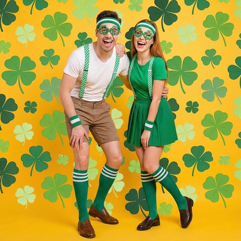 St Patrick's Day Costume Outfit 7 Pcs Green Sweatbands Striped Socks Set Include Lucky Green Suspender Glasses Sports Headband Sweatbands High Tube Socks for Irish Holiday in Kuwait