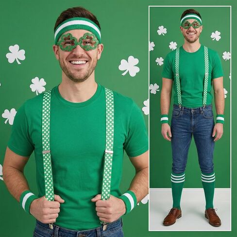 St Patrick's Day Costume Outfit 7 Pcs Green Sweatbands Striped Socks Set Include Lucky Green Suspender Glasses Sports Headband Sweatbands High Tube Socks for Irish Holiday in Kuwait