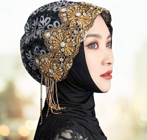 Muslim Stretch Head Scarf Wrap Cap, Women's Breathable Lace Turban Hat, Sequins Turban Stretchy Headscarf, Shiny Lace Head Cover, Delicate Muslim Women Turbans Beanie Hat in Kuwait