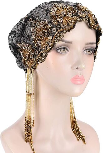 Muslim Stretch Head Scarf Wrap Cap, Women's Breathable Lace Turban Hat, Sequins Turban Stretchy Headscarf, Shiny Lace Head Cover, Delicate Muslim Women Turbans Beanie Hat in Kuwait