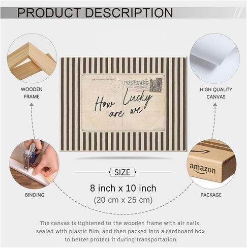 كم نحن محظوظون، لوحة فنية جدارية من القماش جاهزة للتعليق مقاس 8 × 10 بوصة ملفوفة ومؤطرة، بطاقة بريدية عتيقة، ملصق اقتباس إيجابي، بني مخطط، طباعة عاطفية، ديكور ريفي عتيق للبطاقات البريدية in Kuwait