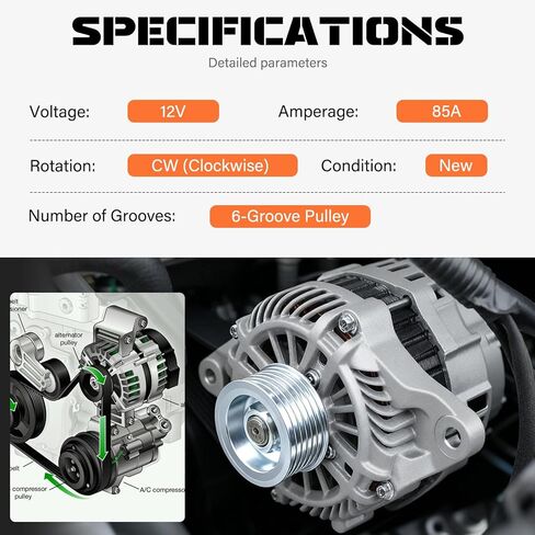 مولد كهربائي 12 فولت 85 أمبير متوافق مع ميتسوبيشي ميراج 2014 2015 1.2 لتر، استبدال 42142، 1800A316، A005TG2691، A005TG2691ZT، بكرة 6 أخدود في اتجاه عقارب الساعة in Kuwait