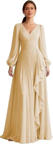 Bridesmaid Dresses with Pockets Chiffon Pleated Long Sleeve V Neck A Line Formal Evening Dress in Kuwait