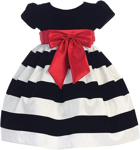 Girls Christmas/Holiday Black Cap-Sleeved Velvet Bodice Dress with Striped Skirt in Kuwait