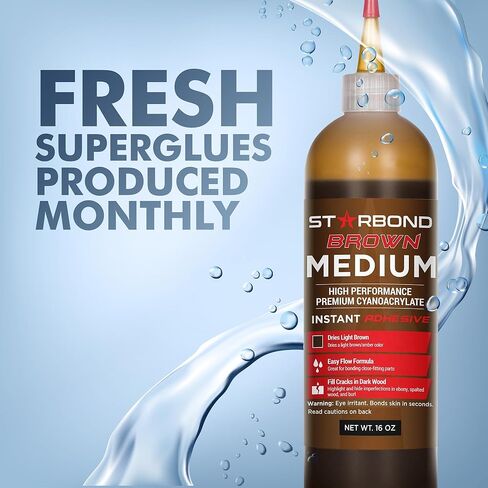 Premium Grade Cyanoacrylate (CA) Super Glue by STARBOND - 16 OZ Complete Refill KIT (453-gram) - Light Brown Medium Crack Filler 150 CPS Viscosity Adhesive for Woodworking, Woodturning, Carpentry in Kuwait