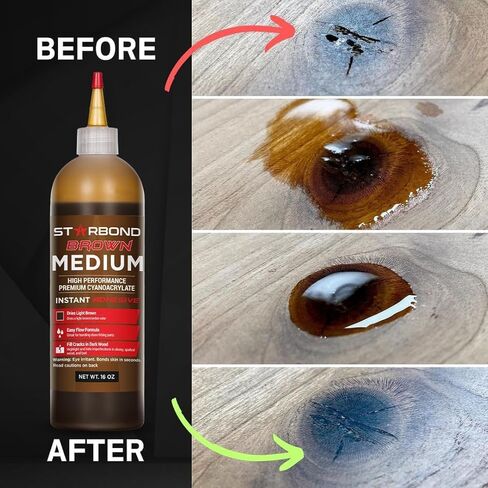 Premium Grade Cyanoacrylate (CA) Super Glue by STARBOND - 16 OZ Complete Refill KIT (453-gram) - Light Brown Medium Crack Filler 150 CPS Viscosity Adhesive for Woodworking, Woodturning, Carpentry in Kuwait