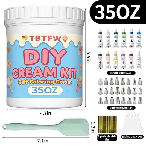 غراء كريمي 35 أونصة، مجموعة غراء كريمة مخفوقة بيضاء، مع 12 صبغة ملونة، 100 كيس أنابيب، 23 فوهة، شريط واحد وملعقة سيليكون، تستخدم في أعمال الديكور in Kuwait