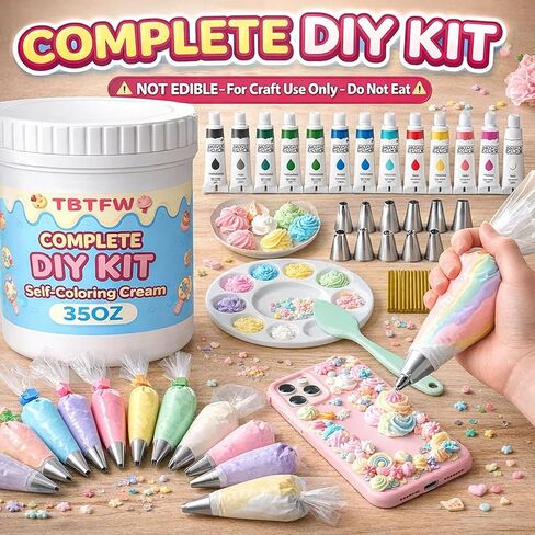 غراء كريمي 35 أونصة، مجموعة غراء كريمة مخفوقة بيضاء، مع 12 صبغة ملونة، 100 كيس أنابيب، 23 فوهة، شريط واحد وملعقة سيليكون، تستخدم في أعمال الديكور in Kuwait