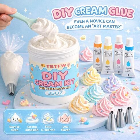 غراء كريمي 35 أونصة، مجموعة غراء كريمة مخفوقة بيضاء، مع 12 صبغة ملونة، 100 كيس أنابيب، 23 فوهة، شريط واحد وملعقة سيليكون، تستخدم في أعمال الديكور in Kuwait