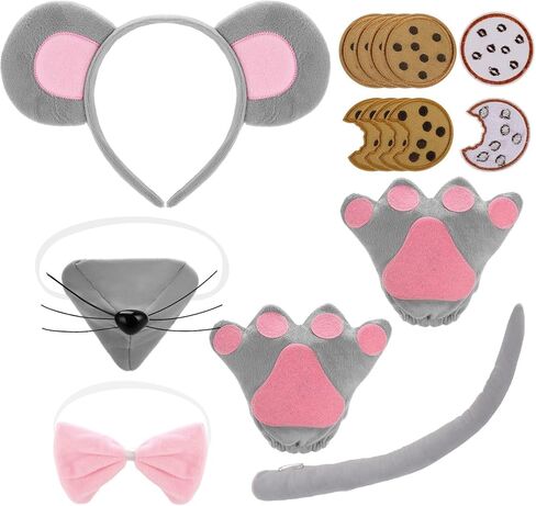 16 Pcs Mouse Costume Set Rat Costume Kit with Mouse Ears Headband Adjustable Wire Tail Nose Bow Tie Gloves and 10PC Cookie Patches for World Book Day Halloween Cosplay in Kuwait