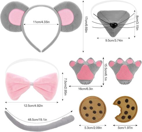 16 Pcs Mouse Costume Set Rat Costume Kit with Mouse Ears Headband Adjustable Wire Tail Nose Bow Tie Gloves and 10PC Cookie Patches for World Book Day Halloween Cosplay in Kuwait