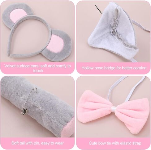 16 Pcs Mouse Costume Set Rat Costume Kit with Mouse Ears Headband Adjustable Wire Tail Nose Bow Tie Gloves and 10PC Cookie Patches for World Book Day Halloween Cosplay in Kuwait