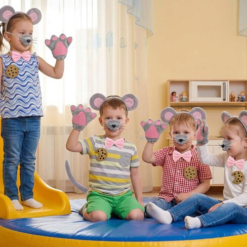 16 Pcs Mouse Costume Set Rat Costume Kit with Mouse Ears Headband Adjustable Wire Tail Nose Bow Tie Gloves and 10PC Cookie Patches for World Book Day Halloween Cosplay in Kuwait