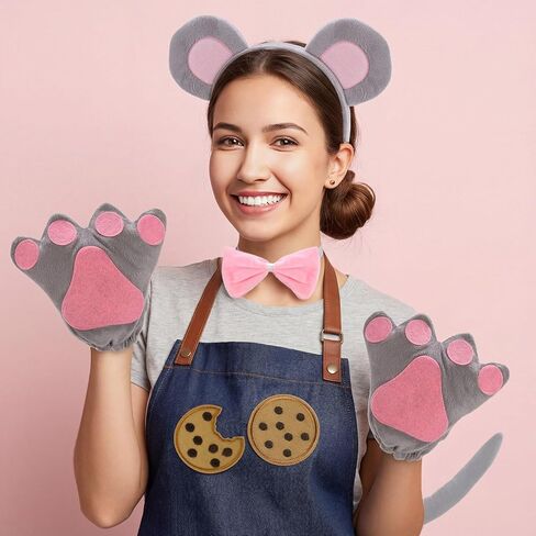 16 Pcs Mouse Costume Set Rat Costume Kit with Mouse Ears Headband Adjustable Wire Tail Nose Bow Tie Gloves and 10PC Cookie Patches for World Book Day Halloween Cosplay in Kuwait
