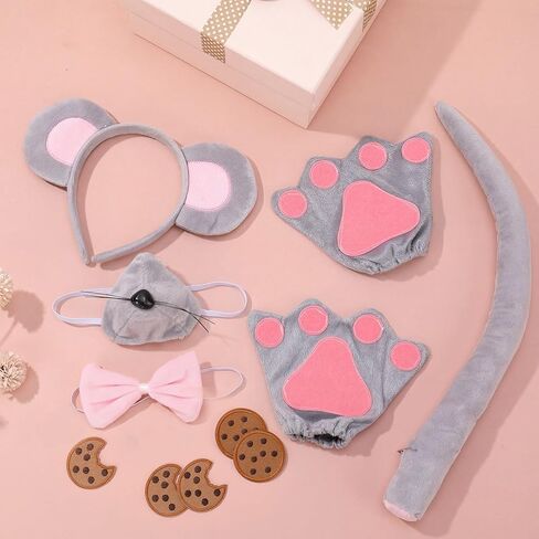 16 Pcs Mouse Costume Set Rat Costume Kit with Mouse Ears Headband Adjustable Wire Tail Nose Bow Tie Gloves and 10PC Cookie Patches for World Book Day Halloween Cosplay in Kuwait
