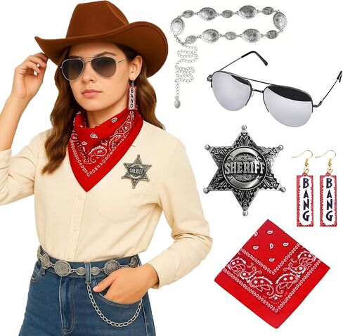 مجموعة إكسسوارات زي رعاة البقر وراعية البقر للنساء والفتيات المراهقات - طقم غربي مكون من 5 قطع مع حزام سلسلة كونكو، ومنديل، وشارة، ونظارات شمسية، وأقراط بانغ للهالوين أو الحفلات in Kuwait
