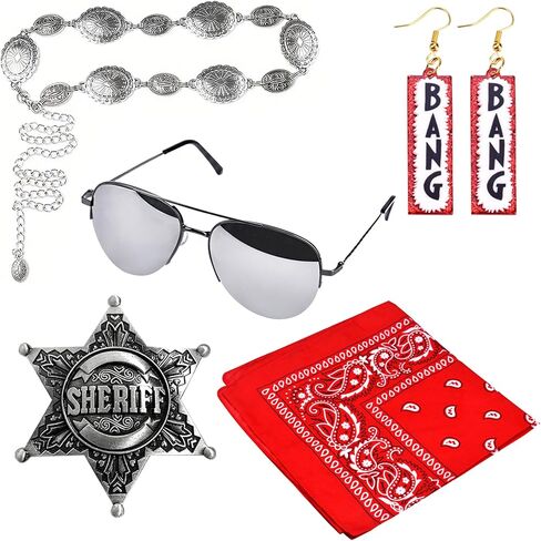 مجموعة إكسسوارات زي رعاة البقر وراعية البقر للنساء والفتيات المراهقات - طقم غربي مكون من 5 قطع مع حزام سلسلة كونكو، ومنديل، وشارة، ونظارات شمسية، وأقراط بانغ للهالوين أو الحفلات in Kuwait