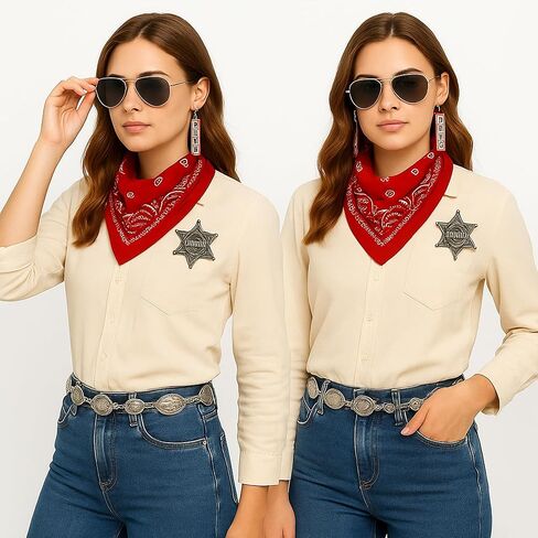 مجموعة إكسسوارات زي رعاة البقر وراعية البقر للنساء والفتيات المراهقات - طقم غربي مكون من 5 قطع مع حزام سلسلة كونكو، ومنديل، وشارة، ونظارات شمسية، وأقراط بانغ للهالوين أو الحفلات in Kuwait