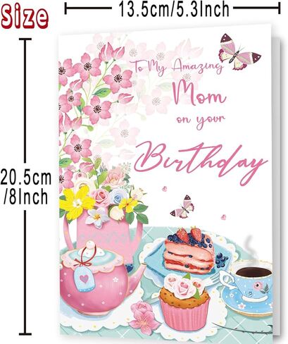 Mom Birthday Card – Happy Birthday Card for Mom, Floral Tea Party Design, Meaningful Birthday Gifts Idea for Amazing Mom in Saudi Arabia