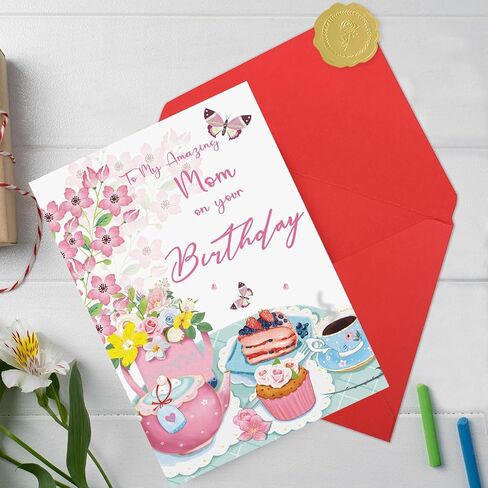 Mom Birthday Card – Happy Birthday Card for Mom, Floral Tea Party Design, Meaningful Birthday Gifts Idea for Amazing Mom in Saudi Arabia