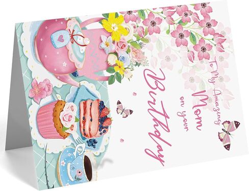 Mom Birthday Card – Happy Birthday Card for Mom, Floral Tea Party Design, Meaningful Birthday Gifts Idea for Amazing Mom in Saudi Arabia