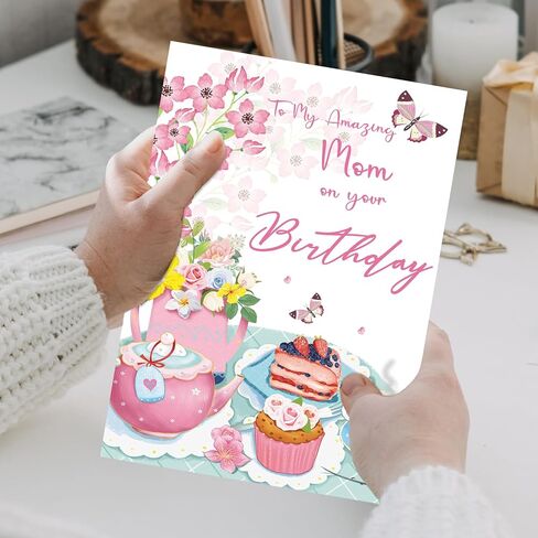 Mom Birthday Card – Happy Birthday Card for Mom, Floral Tea Party Design, Meaningful Birthday Gifts Idea for Amazing Mom in Saudi Arabia