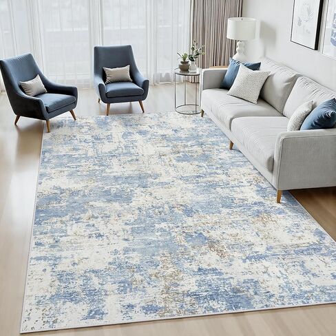 سجاد منطقة 8 × 10 سجادة غرفة المعيشة حديثة تجريدية محايدة قابلة للغسل سجادة ناعمة غير قابلة للانزلاق سجادة منطقة كبيرة منخفضة الوبر مقاومة للبقع ولا تتساقط لغرفة النوم والحضانة وغرفة الطعام والمنزل والمكتب باللون الأزرق in Kuwait