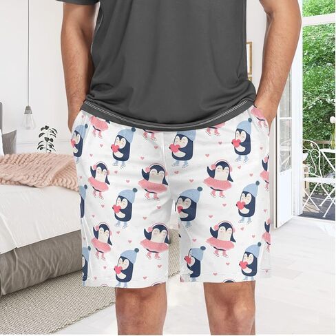 البطريق المتزلج مع شورت بيجامة الحب للرجال شورت صالة النوم الناعم غير الرسمي مع جيوب S - XXL in Kuwait