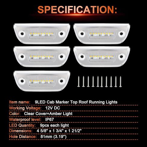 5 قطع 9 مصابيح LED لسقف الكابينة متوافقة مع Peterbilt 579 & Kenworth T680 T770 T880، مصابيح علامة التخليص الكهرماني مع عدسات شفافة in Kuwait