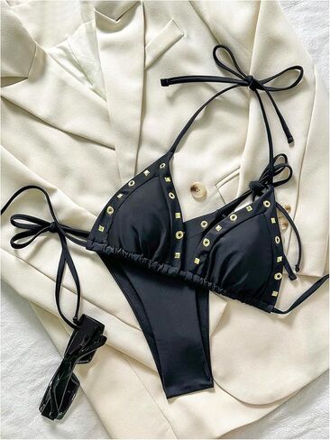 WDIRARA Women's 2 Piece Swimsuit Studded Eyelet Halter String Bikini Set Tie Side Bathing Suit in Saudi Arabia