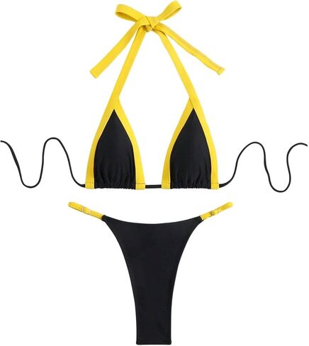WDIRARA Women's 2 Piece Swimsuit Contrast Trim Halter Triangle Thong Bikini Set High Cut Bathing Suit in Saudi Arabia