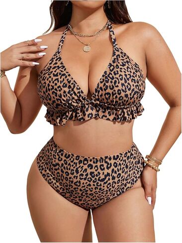 SHENHE Women's Plus Size High Waisted Bikini Set Tummy Control Ruffle Halter Leopard Swimsuits 2 Piece in Saudi Arabia
