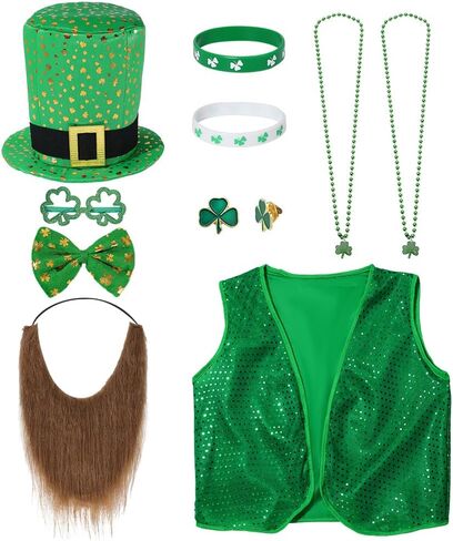 PH PandaHall 13pcs St. Patrick's Day Costume Suit Set, Includes Hat Vest Bow Tie Glasses Mustaches Bracelet Necklace Pins Charms Leprechaun Accessories for DIY St. Patrick's Day Decoration in Saudi Arabia