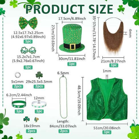 PH PandaHall 13pcs St. Patrick's Day Costume Suit Set, Includes Hat Vest Bow Tie Glasses Mustaches Bracelet Necklace Pins Charms Leprechaun Accessories for DIY St. Patrick's Day Decoration in Saudi Arabia