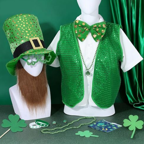 PH PandaHall 13pcs St. Patrick's Day Costume Suit Set, Includes Hat Vest Bow Tie Glasses Mustaches Bracelet Necklace Pins Charms Leprechaun Accessories for DIY St. Patrick's Day Decoration in Saudi Arabia