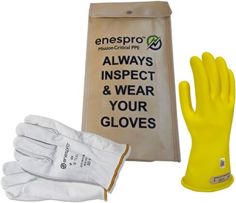 طقم قفازات عازلة للجهد من المطاط الأسود فئة 00 من Enespro مع واقيات جلدية، بحد أقصى. استخدم الجهد الكهربي 500 فولت تيار متردد/750 فولت تيار مستمر (KITGC00B10) in Kuwait