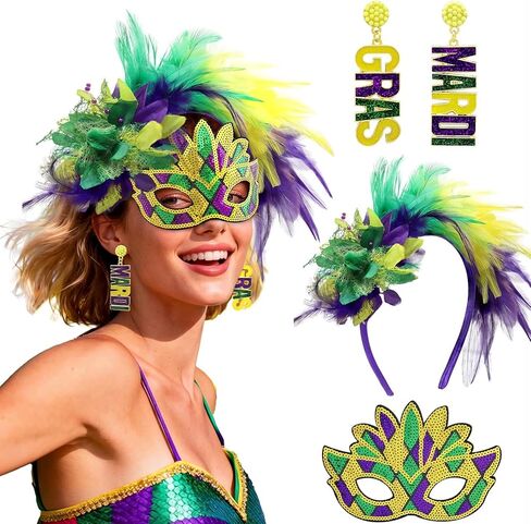 3 قطع من إكسسوارات أزياء ماردي غرا الملونة للنساء مطرز بأحرف ماردي غرا أقراط متدلية من الريش الصناعي ماردي غرا قناع ترتر للهالوين كرنفال موكب حفلة الشاي in Kuwait