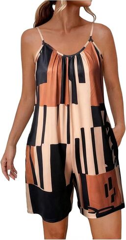 OYOANGLE Women's Geometric Graphic Romper Sleeveless Spaghetti Strap Overalls with Pockets in Saudi Arabia