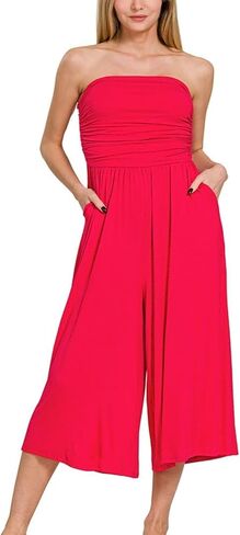 Womens Casual Strapless Jumpsuit Elegant Ruched Wide Leg Palazzo Romper Red Summer Party Evening Outfit in Kuwait