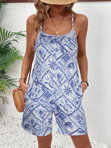 Loose-Fit Sleeveless Short Jumpsuit for Women - Vintage Floral Patchwork Romper, Lightweight Vacation Wear in Saudi Arabia