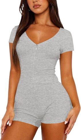 LEEDYA Womens Zipped up Jumpsuits Sexy V Neck One Piece Romper Casual Short Sleeve Sleepwaer Summer Cute Slim Shorts Pajamas in Kuwait