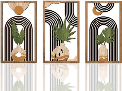 Bnesi 3 Piece Abstract Boho Wall Art Decor Minimalist Modern Wooden Wall Art Mid-Century Modern Wall Art Set of 3 Wall Decor for Living Room Bedroom Bathroom Kitchen (Boho, Medium) in Saudi Arabia