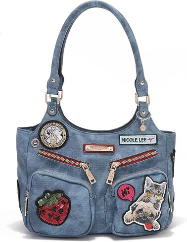 Nicole Lee Multi-Patch Shoulder Bag, Denim-Look Vegan Leather with Sequin Strawberry, Cat and Dog Prints, Medium Handbag (BLUE) in Kuwait